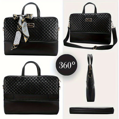 Fashionable and Premium Women's 15.6-inch Laptop Tote Bag with PU Diamond-pattern Air Cushion Design and Adjustable Shoulder Strap. A Lightweight, Thin, and Versatile Black Business Briefcase Suitable for All Seasons, Available as a Tote Bag
