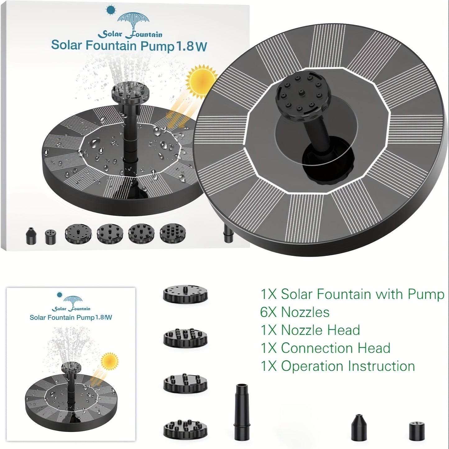 1.8W Solar Fountain Outdoor Floating Fountain Suitable for,, Pond - Water with Floating Base, Fountain for Courtyard Decoration, Bird Bath, Assembly, Plastic for Fountain (No Detachable PV)