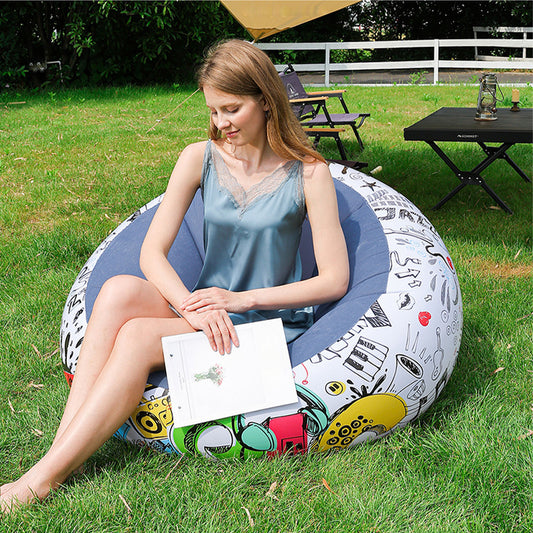 Multicoloured Spherical Outdoor Inflatable Sofa in PVC Material. Lightweight and Portable Home Sofa with Manual Air Pump. Suitable for Living Rooms, Patios, Camping, and Gardens.