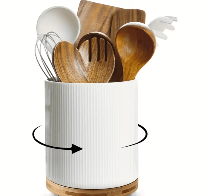 360° Rotating Ceramic Kitchen Organizer with Detachable Bamboo Base – Space-Saving Utensil Holder for Countertops, Perfect for Cooking Tools, Flower Vases, and Whisky Glasses, Kitchen Accessories