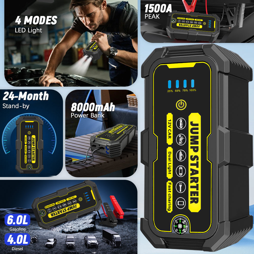 12V Car Jump Starter Car Battery Starter Kit 1500A Peak Portable Car Battery Booster Jump Starter, Portable Jump Starters for 6.0L Gasoline/4.0L Diesel Engines, LED Flashlight, LCD Display, 3 Modes LED Flashlight, Quick Charge USB-C, Lithium Battery-Polym