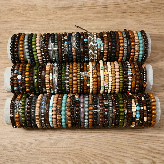 25pcs Set Vintage Random Coconut Shell Wood Beads Stretch Cord Men's Bangle Bangle Bracelet Bangle Men's Christmas Gifts