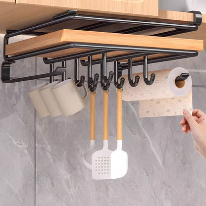 Under Cabinet Storage Rack with Hooks – No-Drill Carbon Steel Kitchen Hanging Shelf for Cutting Boards, Cups, Cloths & Kitchen Utensils, Black