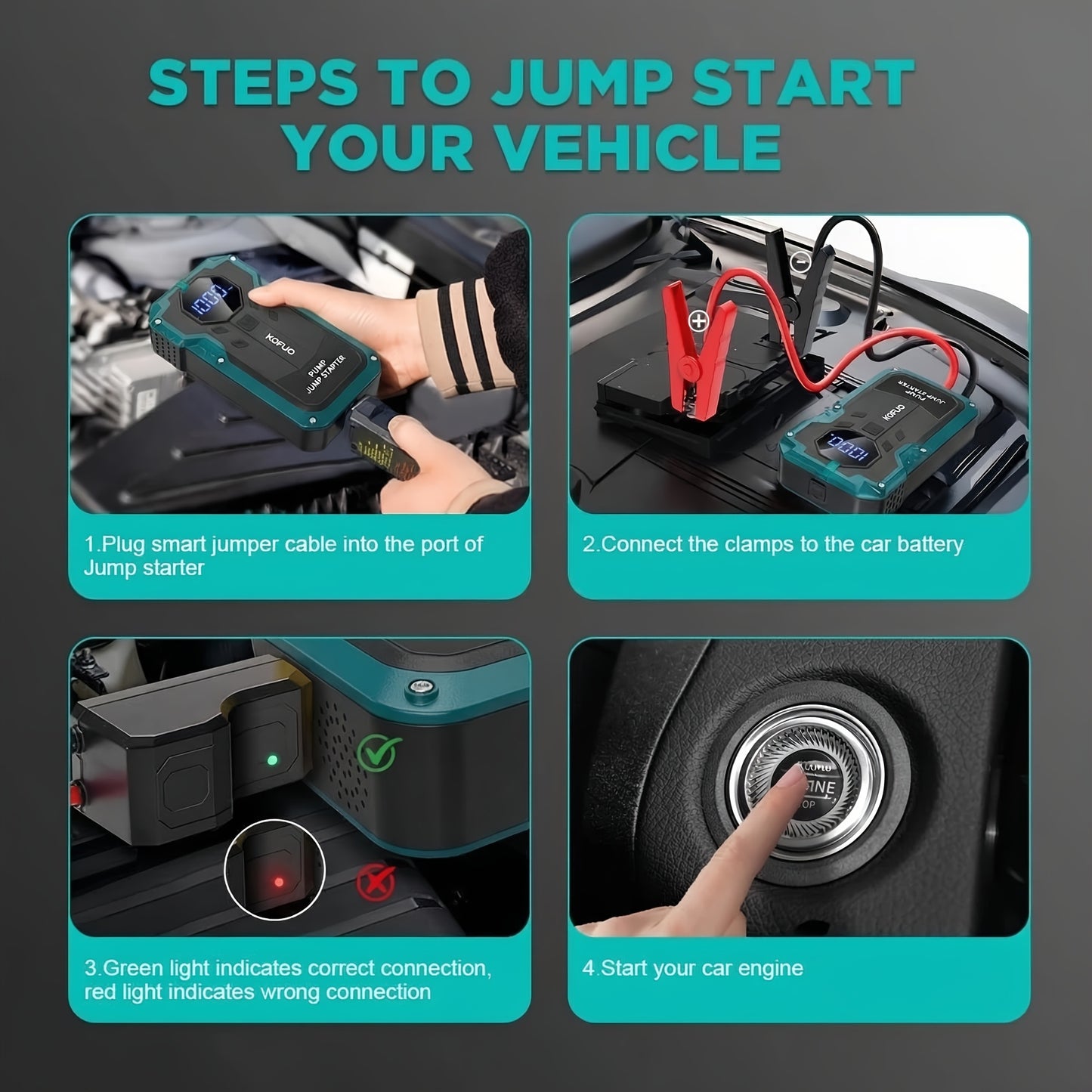 5000A/10000A Peak 12V Car Jump Starter Battery Booster Jump Box, 150PSI Air Compressor Tire Inflator, Up to 10L Gasoline/8L Diesel Engines, 7-In-1 Power Bank, LCD Display, LED Flashlight SOS Strobe, Emergency Kit for Cars SUV Motorcycles