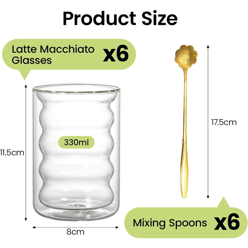 This 6-pack of double, walled glass coffee cups, each with a 330ml (11oz) capacity, keeps drinks hot or cold. Includes 6 spoons and is dishwasher safe. Perfect for serving tea, cappuccino, and latte at home, in a cafe, or in the office.