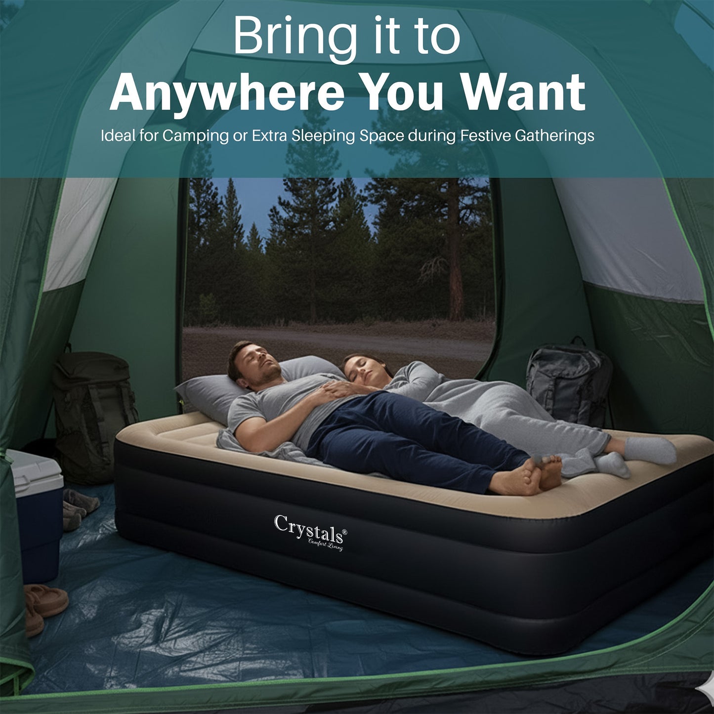Double Inflatable Air Mattress, Air Bed with Built-in Electric Pump, Double Blow Up Mattress in 3 Mins Self-Inflation, Flocked Surface Guest Airbed for Home Portable Camping