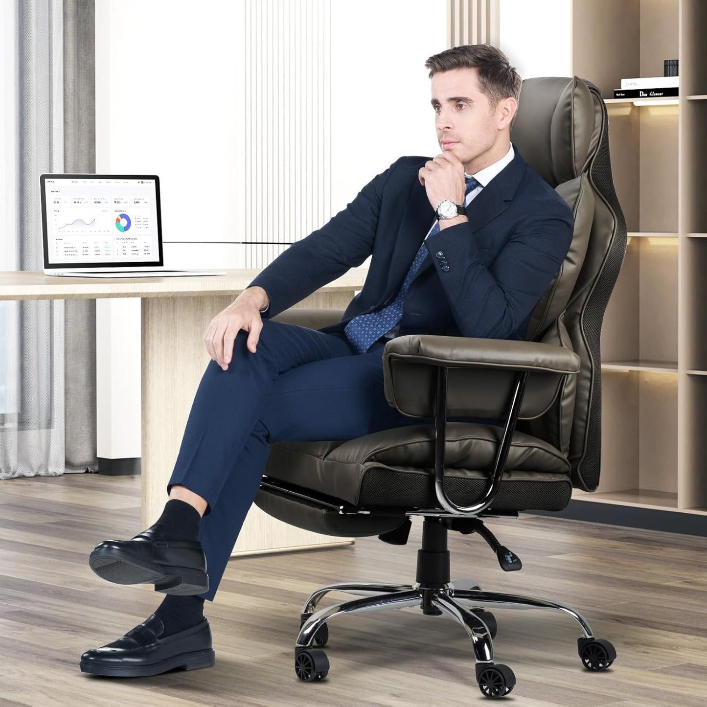 GartistGo Executive Office Chair Desk Chair, PU Computer Recliner, Ergonomic Office Chair with Footrest, Heavy Duty Leather Office Chairs for Home Office, High Back Swivel Chair