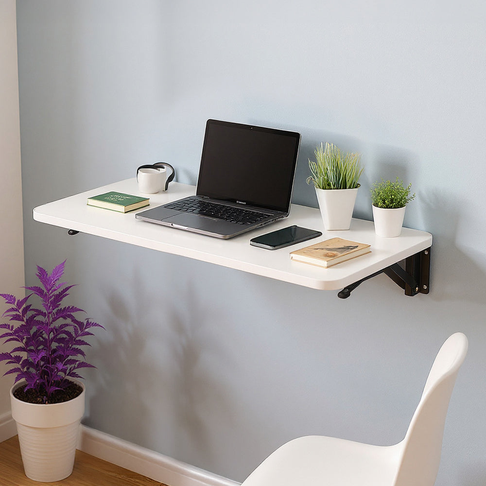 Folding Wall-Mounted Laptop Desk, Space-Saving Study and Reading Table, Metal Iron Frame Design, Durable and Sturdy Wall Desk for Home or Office, Black/White, 52x24cm / 65x24cm / 75x24cm