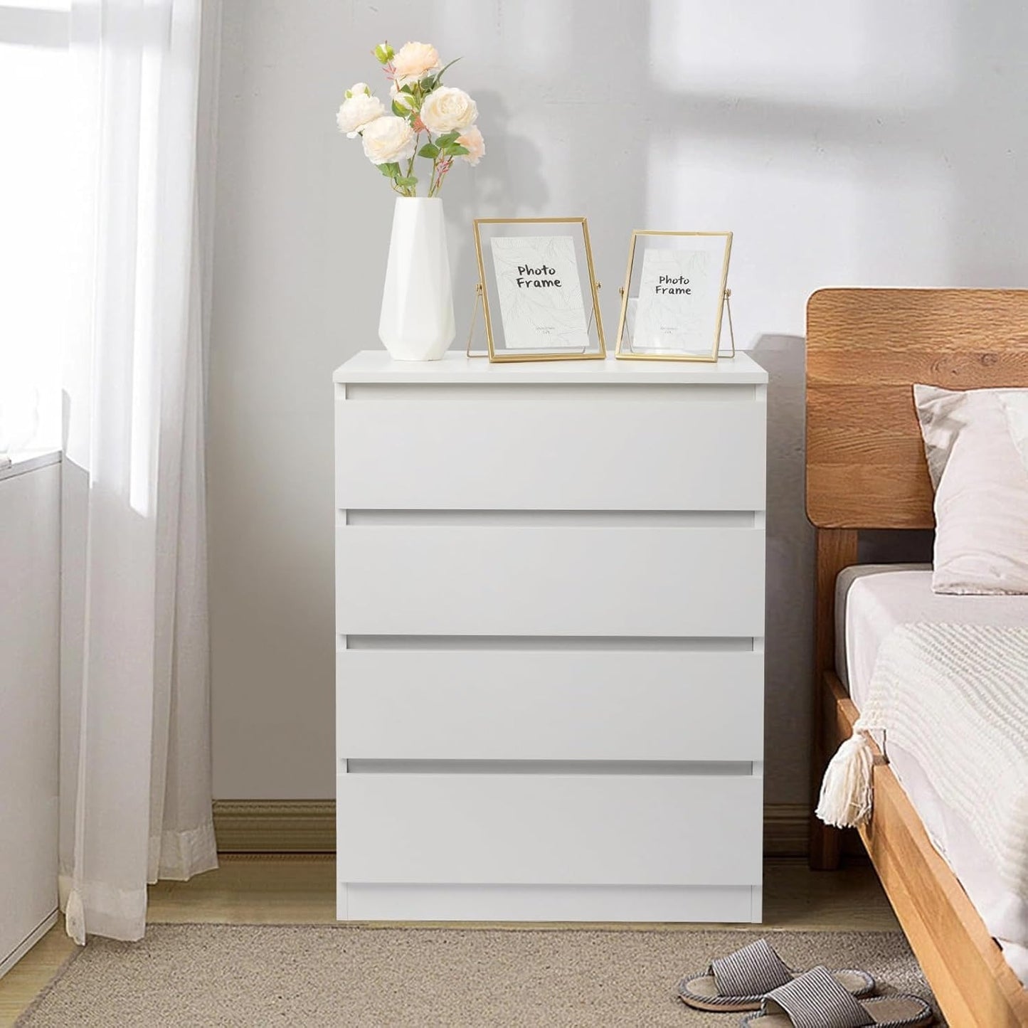 60x38x78cm 4 Drawers Slim Chest of Drawers for Bedroom No-Handle Storage Cabinet Modern Bedside Furniture White Black