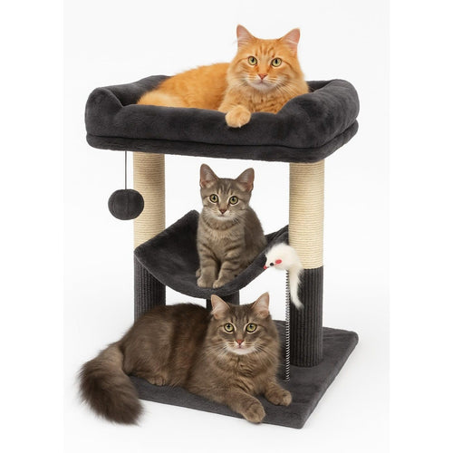 Grey Cat Tree Tower with Sisal Scratching Posts | Condo, Bed, Dangling Ball & Playful Mouse | Sturdy 50cm Perch for Cats & Kittens