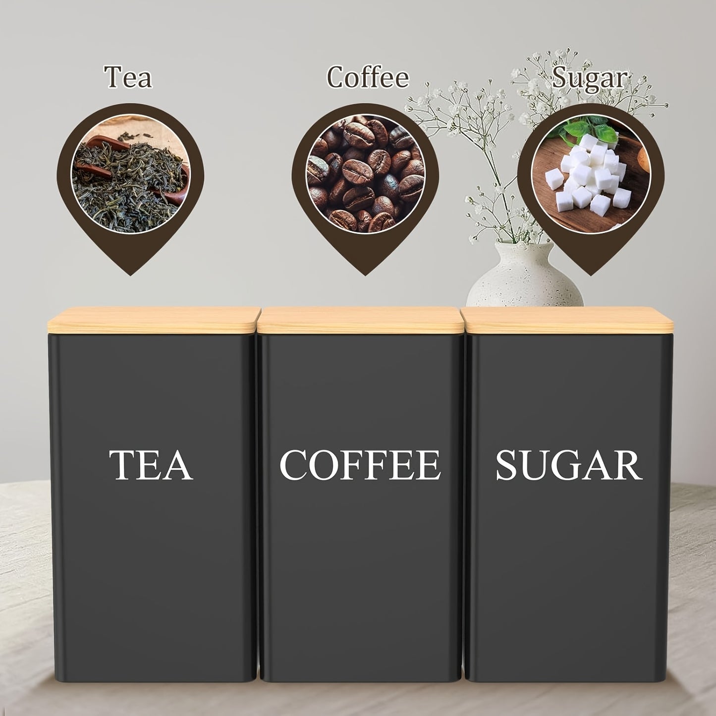 3pcs Coffee And Tea Sugar Set, Metal Tea And Coffee Canisters, 1400Ml, with Bamboo Lids, Black Kitchen Canisters for Countertop Storage (Black)
