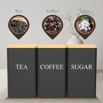 3pcs Coffee And Tea Sugar Set, Metal Tea And Coffee Canisters, 1400Ml, with Bamboo Lids, Black Kitchen Canisters for Countertop Storage (Black)