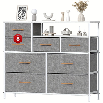 8 Drawer Chest of Drawers with Fabric Fronts & Wooden Top – Large Storage Dresser Organiser Unit for Bedroom & Living Room