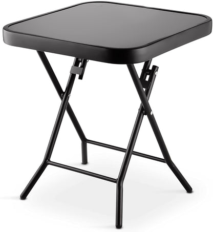 Folding Side Table with Glass Top, Small Outdoor Coffee Table, Garden Home Furniture for Indoor Outdoor Cafe Dining, Black (Square)