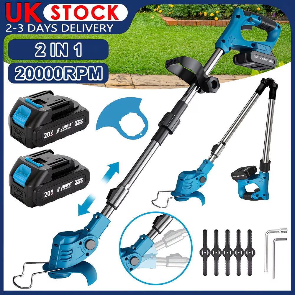 Machine ONLY Cordless Grass Trimmer, 3-in-1 Upgraded Electric Grass Trimmer with 2pcs 2.0Ah Large Capacity Battery, Pure Copper Motor, Telescopic & Foldable Handle, Removable Wheels, 360°Adjustable, Lawn Mowing, Weed Eater, Garden Edging, Landscaping, for