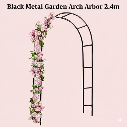 Metal Black Garden Arch Arbor (2.4m) – Powder-Coated Steel Frame Pergola for Climbing Plants, Roses, Weddings & Outdoor Decorations