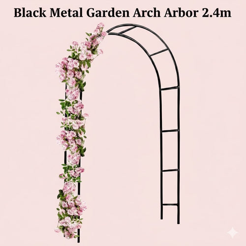 Metal Black Garden Arch Arbor (2.4m) – Powder-Coated Steel Frame Pergola for Climbing Plants, Roses, Weddings & Outdoor Decorations