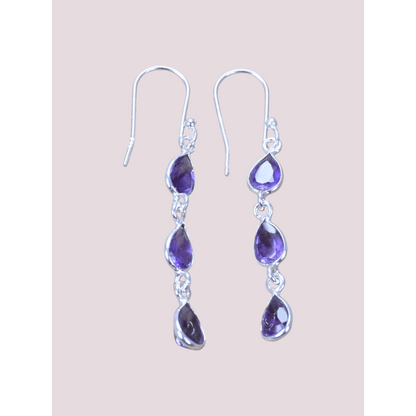 925 Sterling Silver Natural Gemstone 3 stone long Earring, Bezel Set Birthstone Ring, Perfect gift