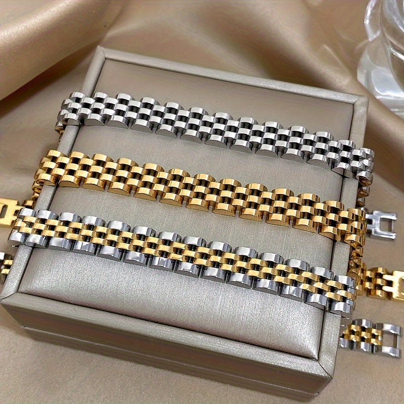 1 Punk Waterproof Stainless Steel Bracelet, Suitable for Women Men and Girls Thick Metal Strap Thick Chain Declaration Bracelet Golden Silvery Fashion Jewelry, Party Accessories, Vintage Bracelet, Father's Day Gift, Valentine's Day Gift