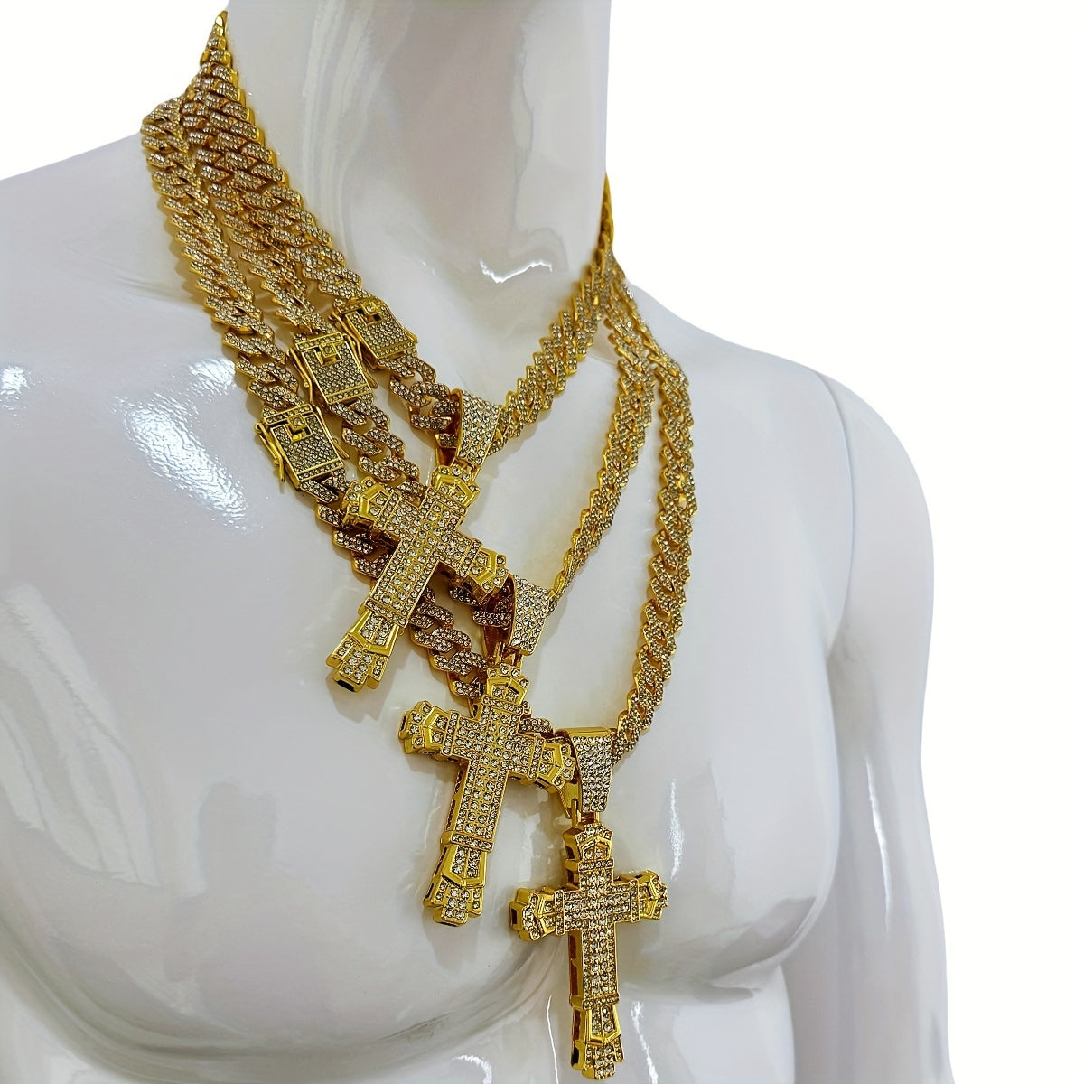 Hip-Hop Plus Size Large Pendant Full Rhinestones Double Layer Thickened Cross Hollow Buckle 14mm Wide Cuban Chain Necklace New Product Creative