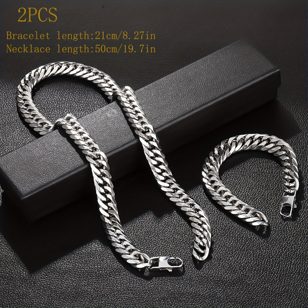 2pcs Set 13.5Mm Wide 304 304 304 Stainless Steel Bracelet And Necklace Set, Hip-Hop Trendy Cuban Chain Necklace And Bracelet Jewelry Set, Men'S And Women'S Fashion Jewelry Gifts, Exaggerated Necklace And Bracelet, Very Thick