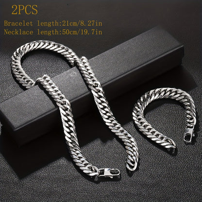 2pcs Set 13.5Mm Wide 304 304 304 Stainless Steel Bracelet And Necklace Set, Hip-Hop Trendy Cuban Chain Necklace And Bracelet Jewelry Set, Men'S And Women'S Fashion Jewelry Gifts, Exaggerated Necklace And Bracelet, Very Thick