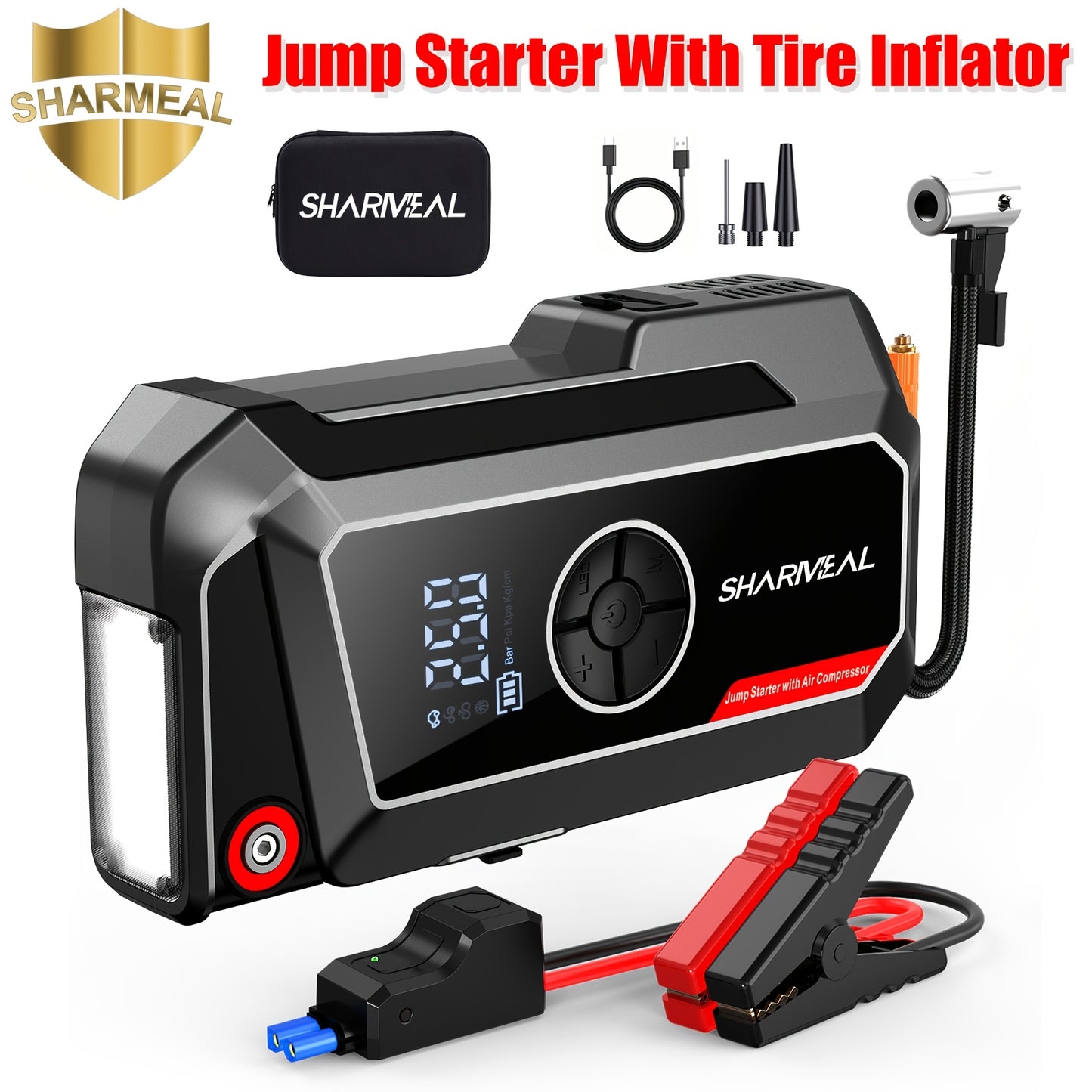 SHARMEAL 9000A/10000A Jump Starter with Air Compressor And Tire Inflator, 12V Power Bank, Battery Jump Pack, Jump Starter for Car Heavy Duty, 9-In-1 Multi-Function Power Pack for 10L Gas/All Diesel, Includes Nozzles And Additions