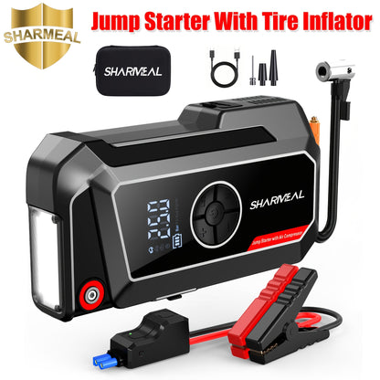 SHARMEAL 9000A/10000A Jump Starter with Air Compressor And Tire Inflator, 12V Power Bank, Battery Jump Pack, Jump Starter for Car Heavy Duty, 9-In-1 Multi-Function Power Pack for 10L Gas/All Diesel, Includes Nozzles And Additions