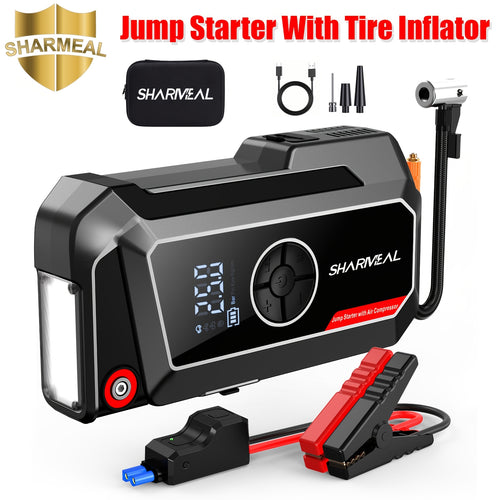 SHARMEAL 9000A/10000A Jump Starter with Air Compressor And Tire Inflator, 12V Power Bank, Battery Jump Pack, Jump Starter for Car Heavy Duty, 9-In-1 Multi-Function Power Pack for 10L Gas/All Diesel, Includes Nozzles And Additions