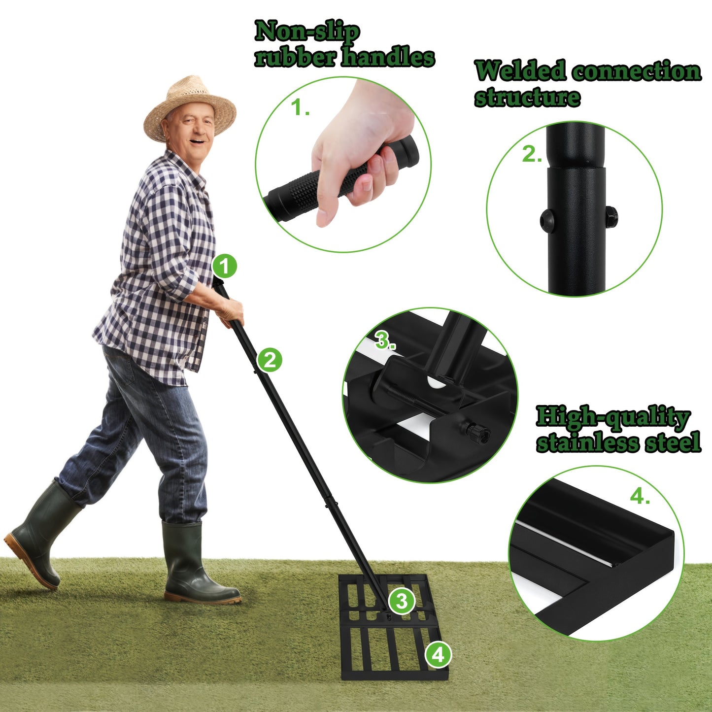 Professional Heavy-Duty Stainless Steel Lawn Leveling Rake with Adjustable Length Handle (25x50cm/25x75cm) - 4-Section Telescopic Design, Ergonomic Non-Slip Grip & 4-Section Lever Mechanism for Golf Courses, Gardens, Yards - Sand Trap, Bunker