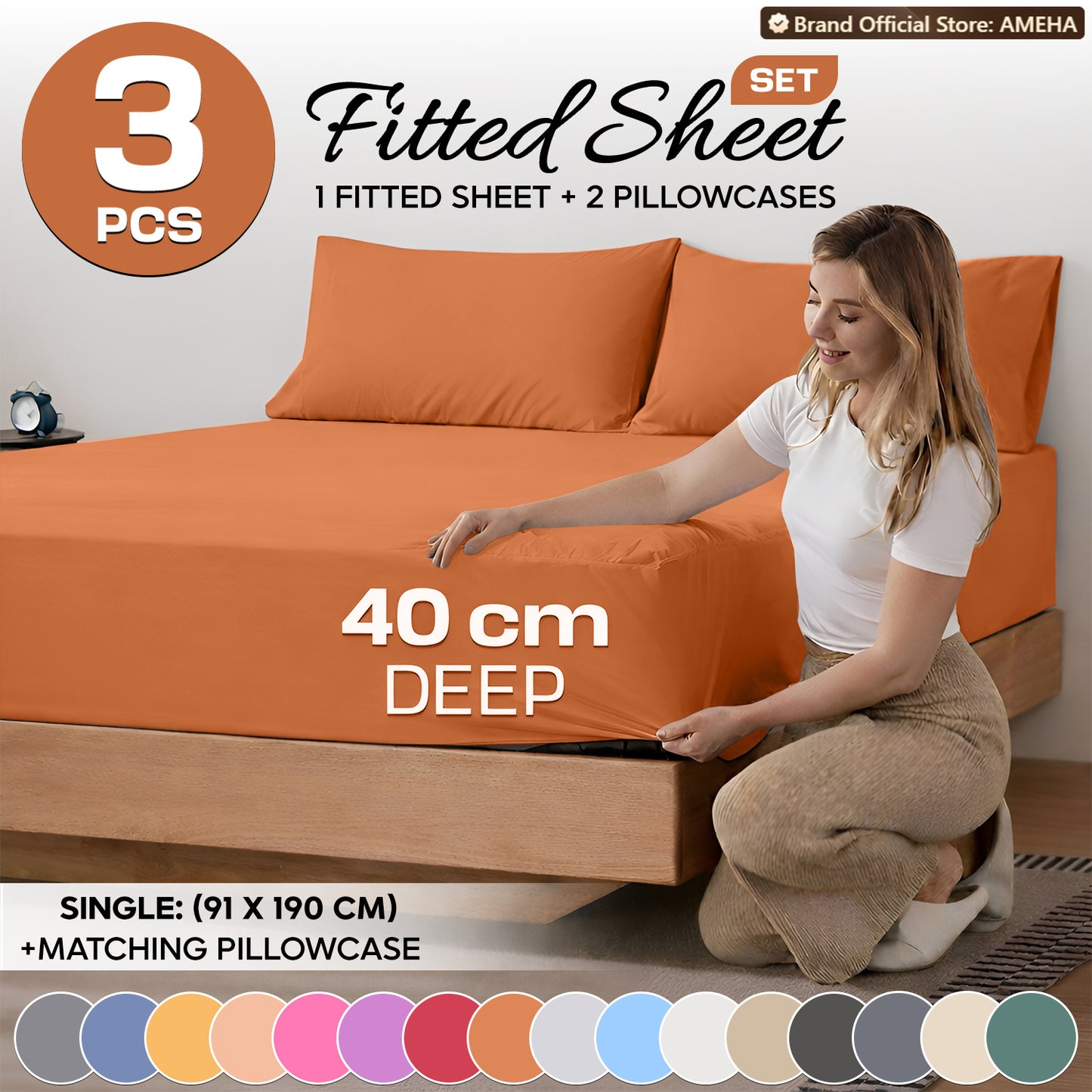 3pcs 40cm Extra Deep Fitted Sheet – Solid Color Soft & Comfortable Bed Sheet with 2pcs Matching Pillowcases, Breathable Fabric Soft Brushed Microfiber Bedding, Machine Washable for Home Bedroom, Hotel