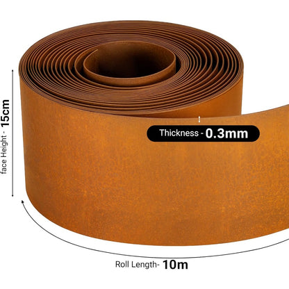 Heavy Duty Corten Steel Lawn Edging 10m and 5m, 15cm High, 0.3mm Thick Pre-Aged Metal Garden Border, Strong & Flexible Landscape Edging, Gloves Included (15cm x 5m)