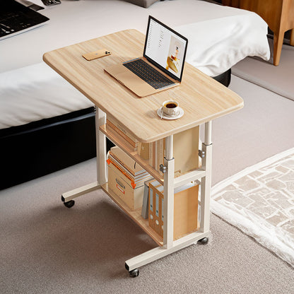 Multi-Purpose Sofa Side Table, 3-Tier Desk, Study And Reading Table, Laptop Desk, Movable Workbench with Storage Shelf, Height-Adjustable, Movable Dining Table, Bedside Table, Study Table, Home Bedroom Office Desk, 14.6*23.6*23.6-35.4 Inches