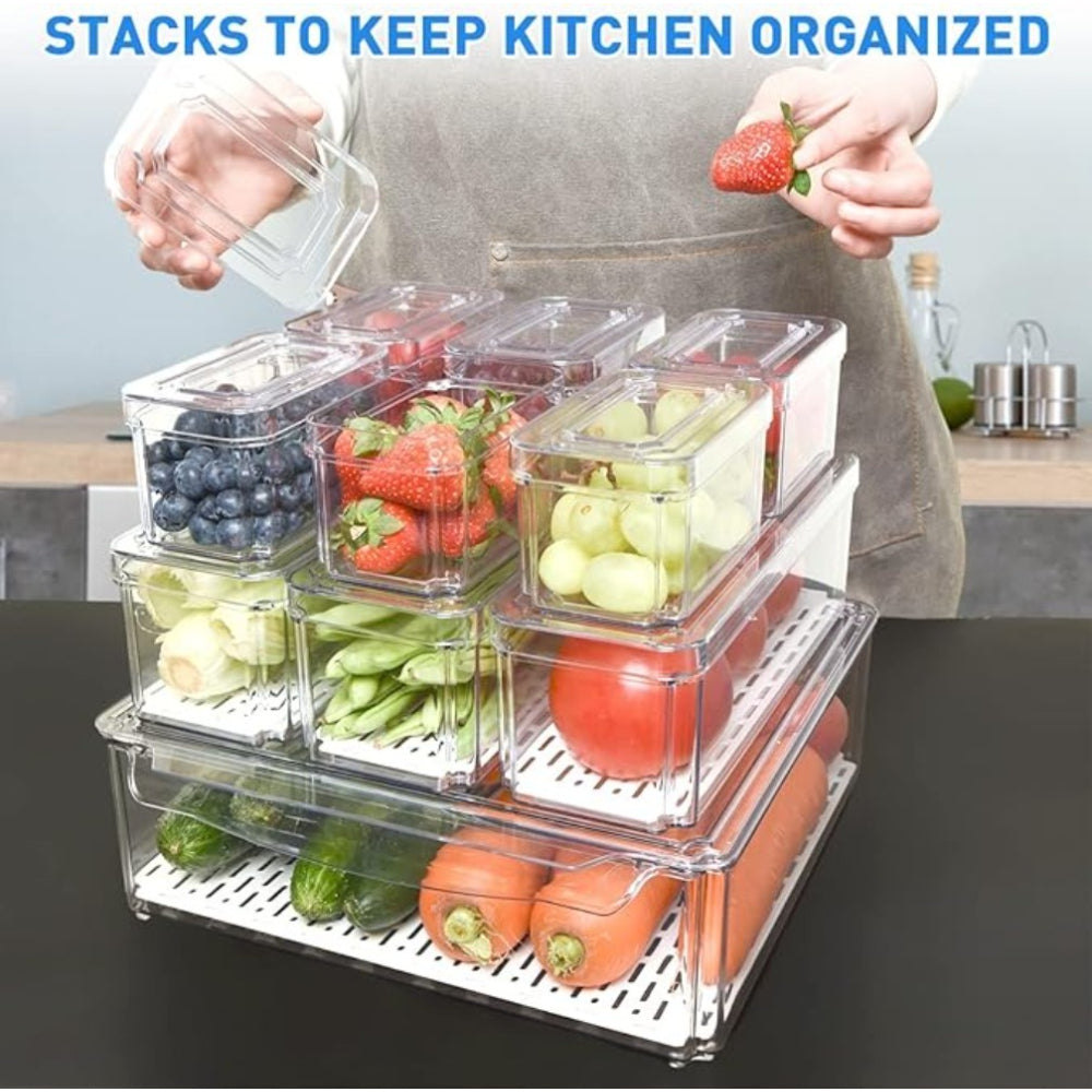 10pcs Stackable Kitchen Storage Box Set, Fruit Vegetable Snack Fresh-Keeping Containers with Lids, Transparent Plastic Organizer Boxes (Large: 30*30*9.8cm, Medium: 26.5*9*8.5cm, Small: 12.3*7.5*7cm)