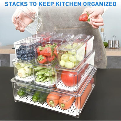 10pcs Stackable Kitchen Storage Box Set, Fruit Vegetable Snack Fresh-Keeping Containers with Lids, Transparent Plastic Organizer Boxes (Large: 30*30*9.8cm, Medium: 26.5*9*8.5cm, Small: 12.3*7.5*7cm)