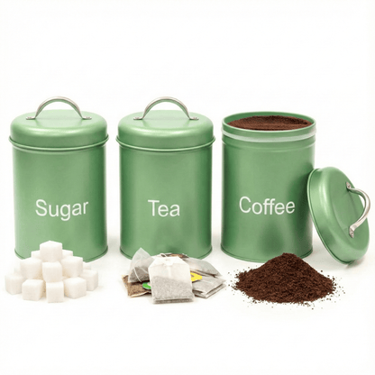 ADEPTNA 3pcs Tea Coffee Sugar Canister Set Airtight Metal Kitchen Storage Jars with Lids Durable Round Food Containers Easy Clean, Minimal Modern Design for Home, Office & Camping