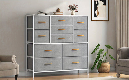 Large 11-Drawer Dresser with Sturdy Metal Frame & MDF Wood Top - Tall Fabric Storage Cabinet with Anti-Tip Design, Adjustable Legs, 68.58cm+ Height, 3.2 Cu Ft Capacity, Black Classic Modern Dresser for Bedroom, Living Room, Office - Easy Assembly, Space-S