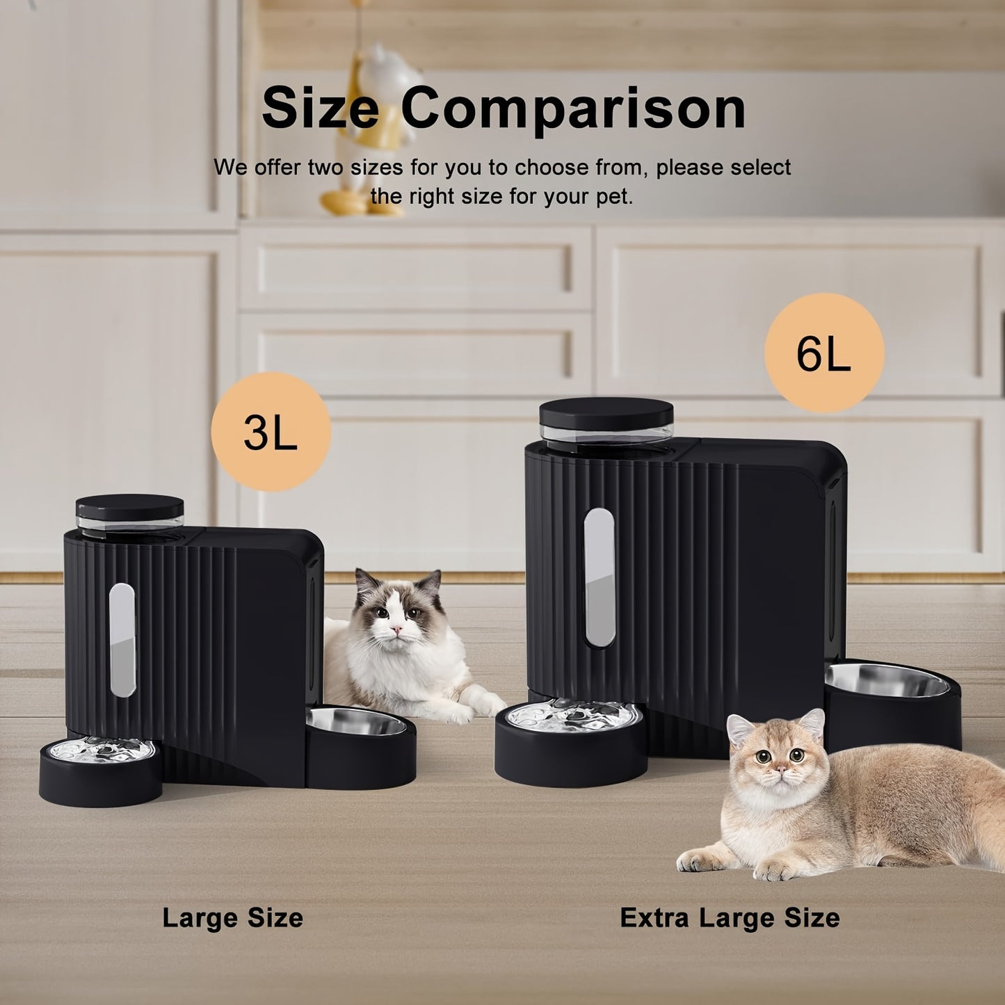 Dog And Cat Food Feeder And Water Dispenser, Two-In-One Set, Automatic Gravity Feeding, 304 Stainless Steel Bowl, Removable And Washable, for Small/Medium/Large Dogs And Cats, 3L Large Capacity, Black, Without Battery
