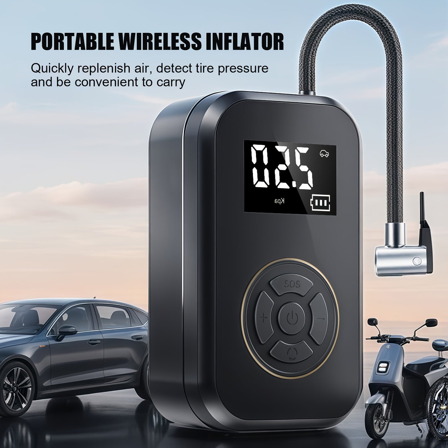 Tire Inflator Portable Air Compressor, Rechargeable Air Pump for Car Tires, Electric Bicycle Tire Air Pump with Digital Pressure Gauge for Motorcycle, Car, Ball Car, Bicycle