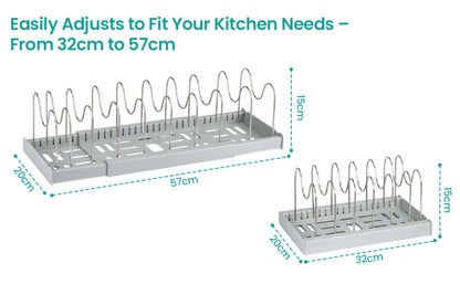 Expandable Pan Lid Organiser Rack 7/10 Adjustable Dividers, Anti-slip Pantry Cupboard Organiser Kitchen Drawer Bakeware Plate Holders for Pots, Pans, Chopping Board, Saucepan, Baking Trays