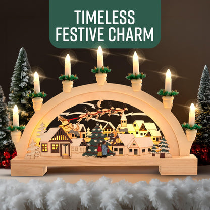 GloBrite Wooden Candle Bridge Decoration with 7 Warm White LED Candles - Indoor Christmas Window Decor, Battery Operated - 45cm x 32cm x 5cm, Multicolour