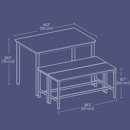 Dining Table with 2 Benches, Set of 3, Kitchen Table, 2 Dining Room Benches, Steel Frame