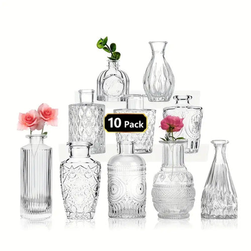Glass Bud Vases Set of 10 Clear Mini Vintage Flower Vases Wedding Table Centrepiece Home Party Decor Gift