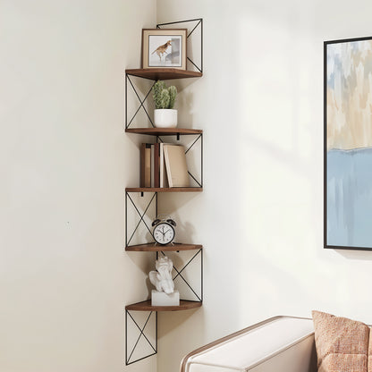 1pc 5-Tier Wooden Corner Shelf - Space-Saving Floating Bookcase & Display Stand | Easy Assembly Storage Rack for Books, Plants & Decor in Living Room, Office & Bathroom