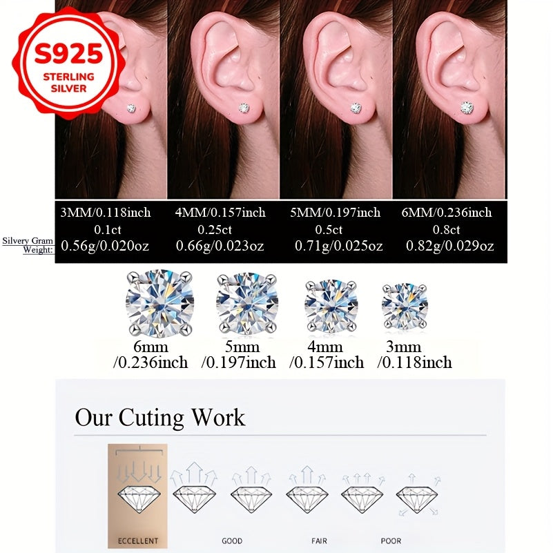 925 Sterling Silvery Synthetic Zirconia Stud Earrings Round 0.1-0.8Ct White 3/4/5/6mm Daily Wear Trendy for Women Accessories Female Gift