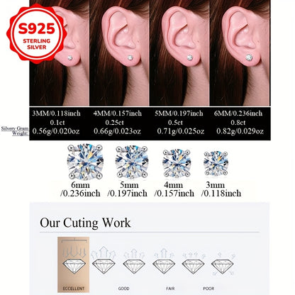 925 Sterling Silvery Synthetic Zirconia Stud Earrings Round 0.1-0.8Ct White 3/4/5/6mm Daily Wear Trendy for Women Accessories Female Gift