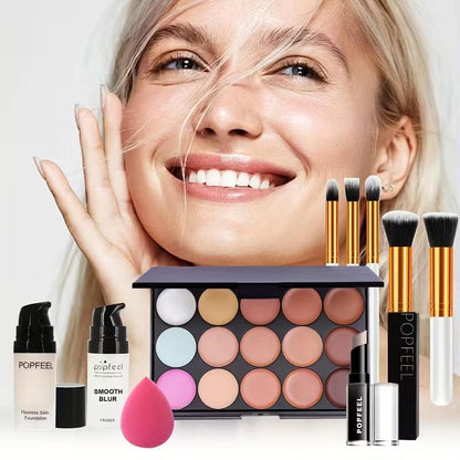 POPFEEL Full Face Makeup Kit, includes facial editing palette - waterproof, sweatproof, long-lasting full coverage, 12-in-1 multi-functional palette containing primer, foundation, concealer, setting powder, blush, contour, highlighter, bronzer, eyeshadow,