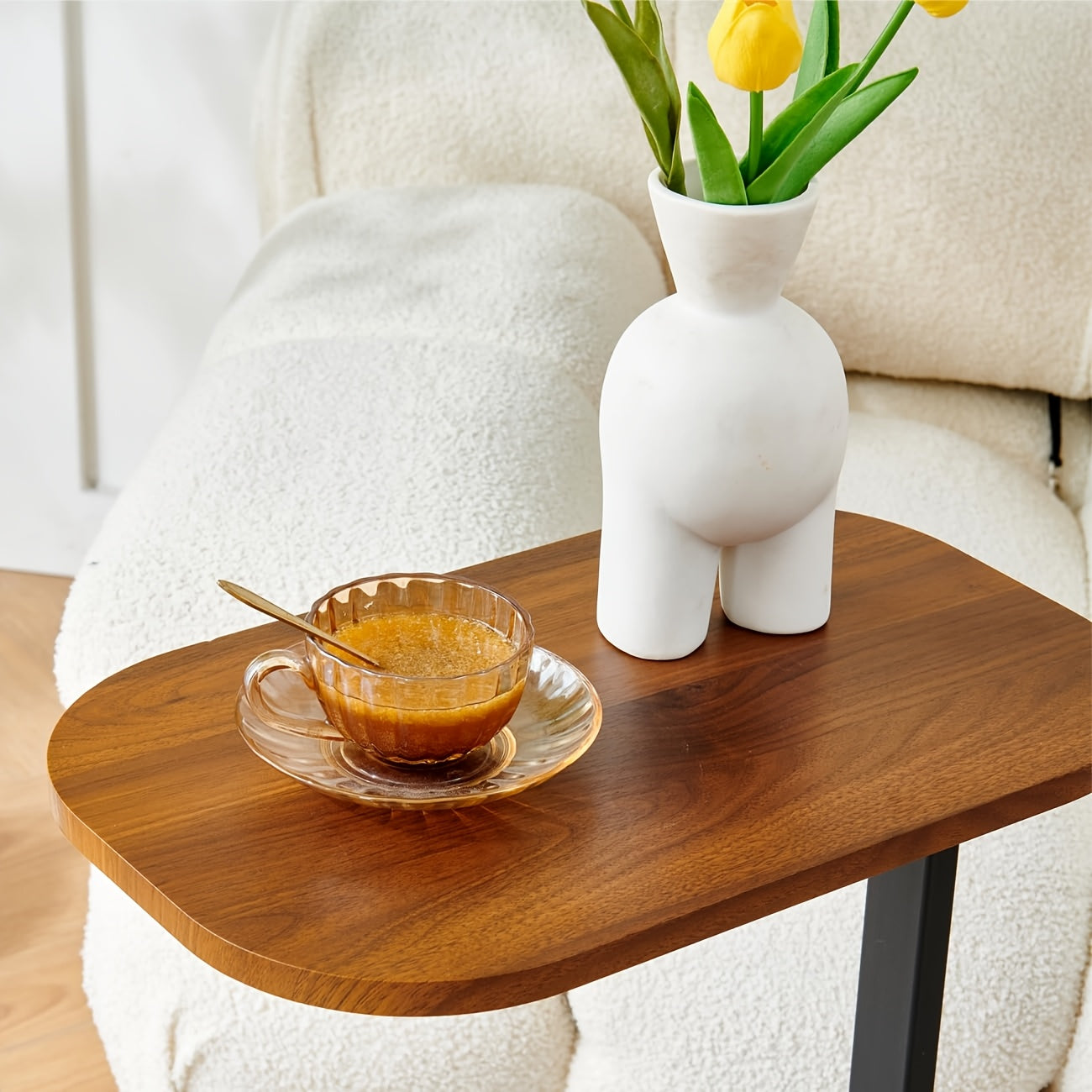 C-Shaped 60Cm Side Table - Lightweight Wooden And Metal Frame, Slide Compact Design for Living Room, Bedroom, Or Sofa, Perfect for Coffee, Books, And Decorative Flowers, Sofa Side Table, Decorative Flower Vase, Sleek Metal Accents