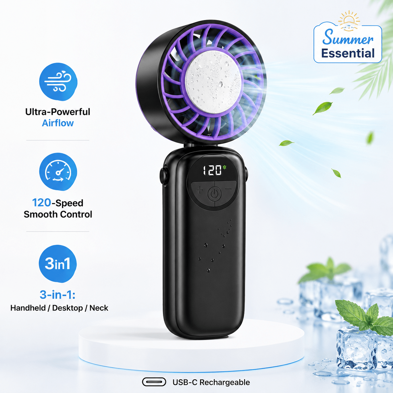 Rechargeable Handheld Fan with LED Display - product view 1