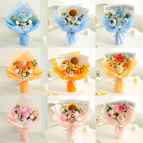 Handmade Crochet & Knitted Tulip Bouquet - Hypoallergenic Artificial Flowers Suitable for Weddings, Mothers Day, Birthday Gifts for Mom, Spring Table Decor, Handwoven Bouquets, No Container Included ( for Flower Allergies)